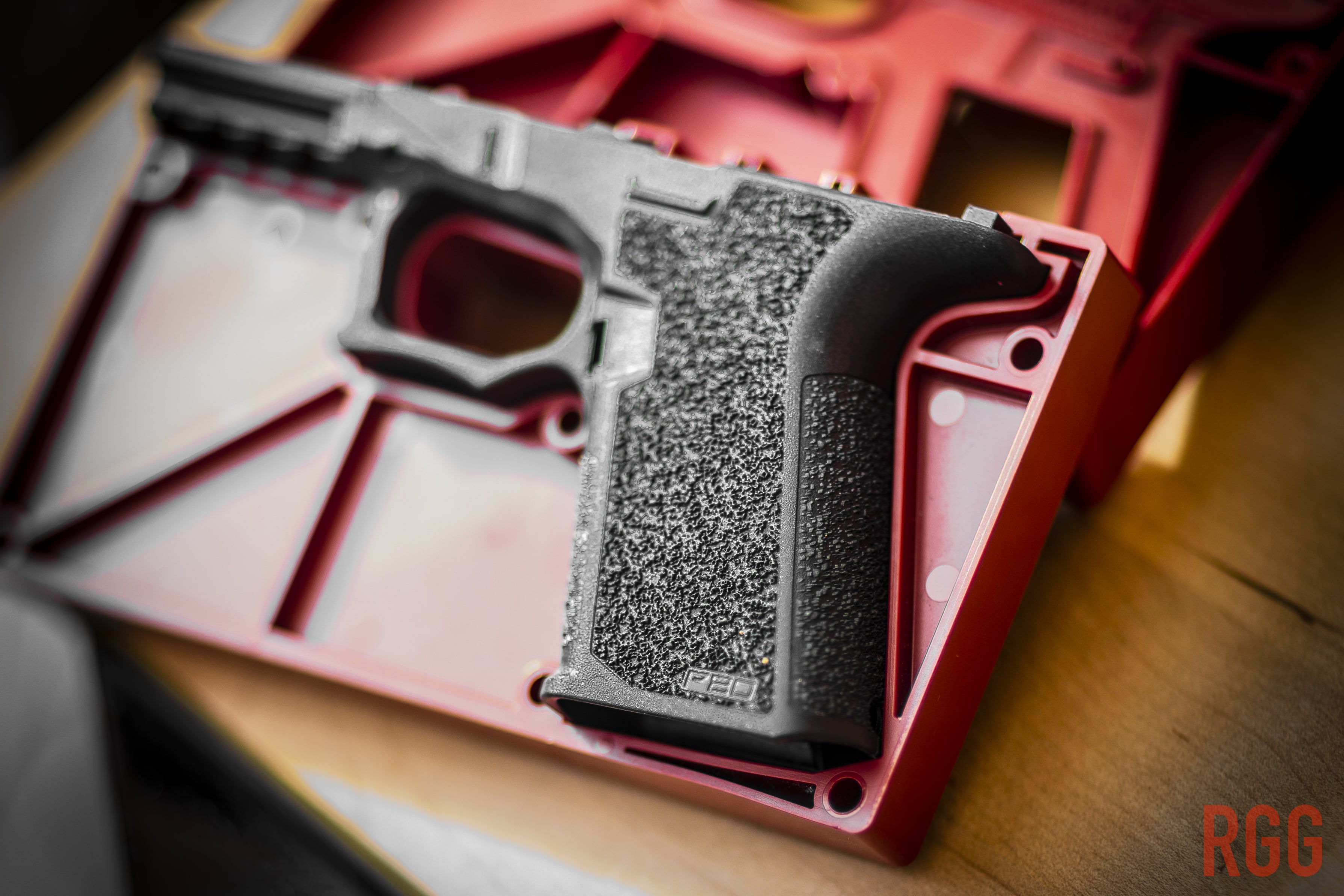 A Polymer80 G19-style 80 percent frame. This is not a firearm.
