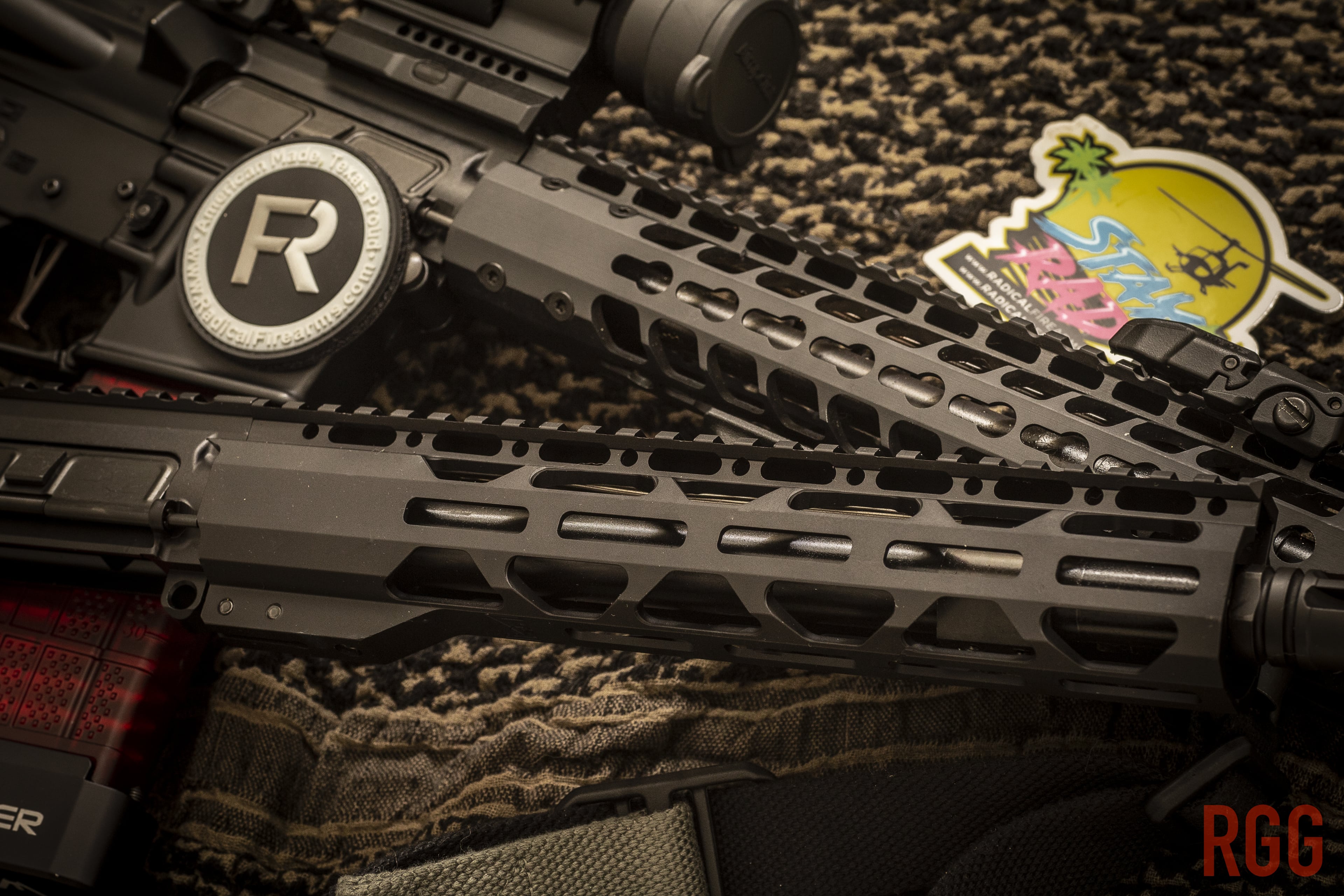 A Keymod Handguard and an M-LOK Handguard for an AR-15. Components courtesy of Radical Firearms.